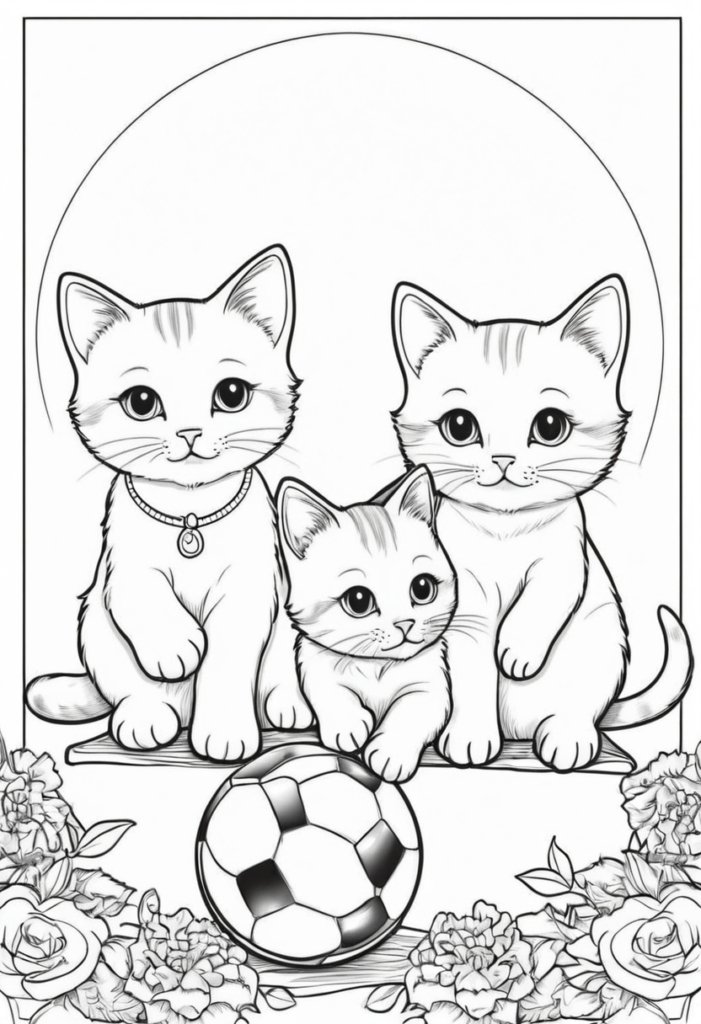 3 Cute Cats Playing With Ball Coloring Page