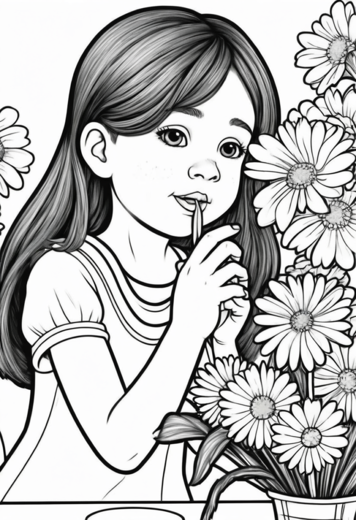 Girl Smelling Flowers Coloring Page